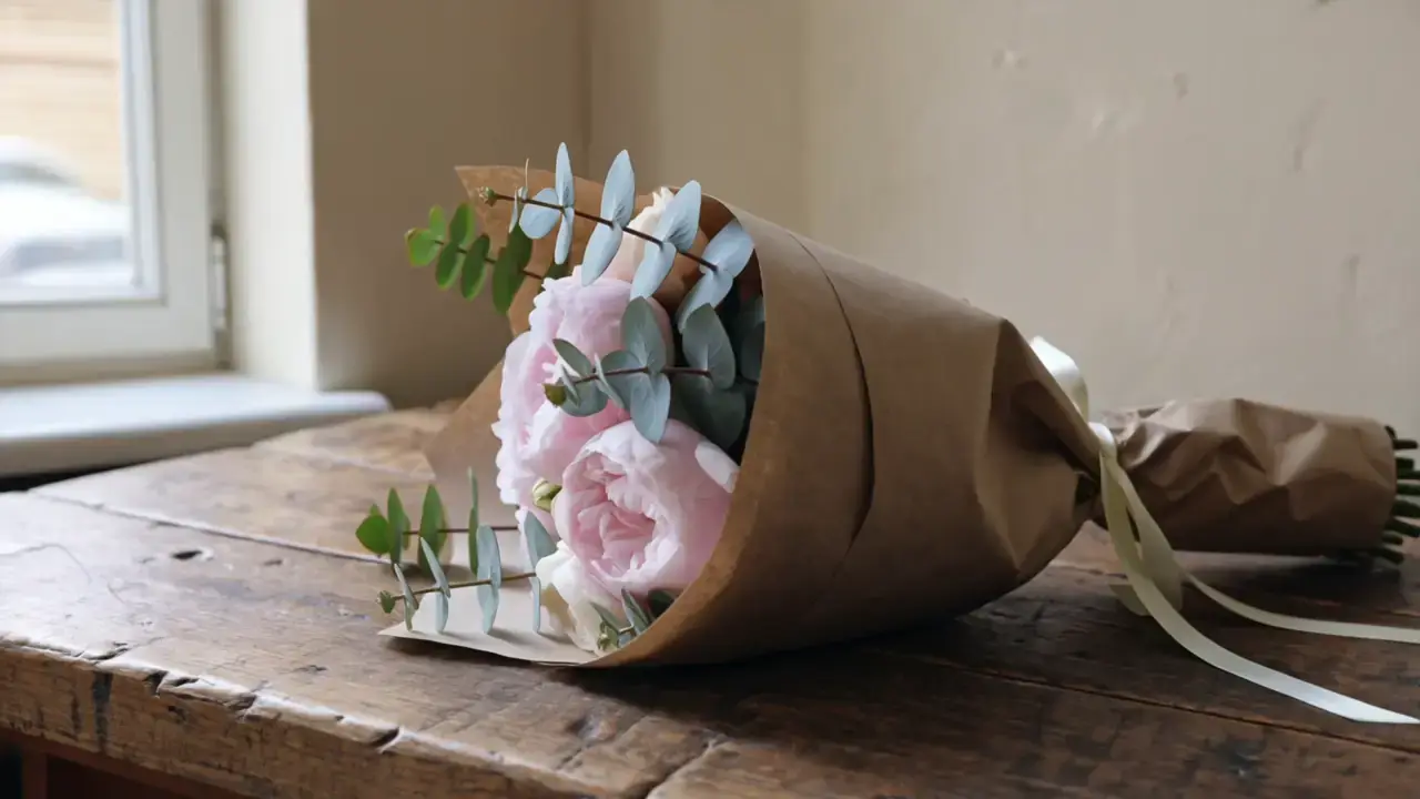 Bouquet de pivoines et d’eucalyptus dans du kraft noué d’un ruban, posé sur l’établi
