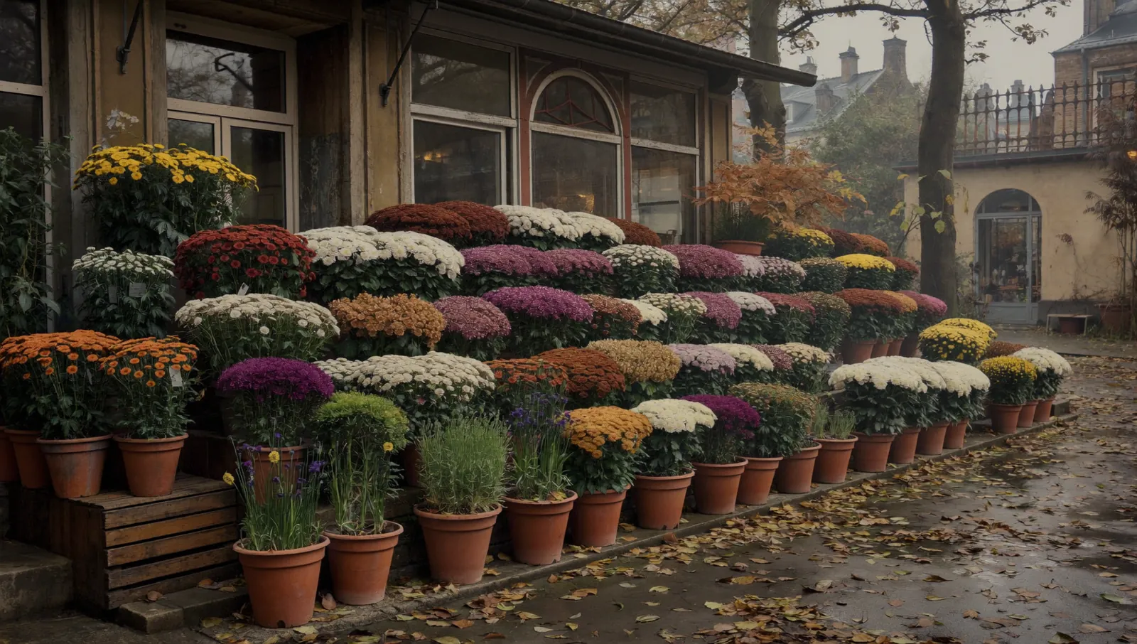 Chrysanthèmes en pot devant une boutique de fleurs, image d’ambiance générée